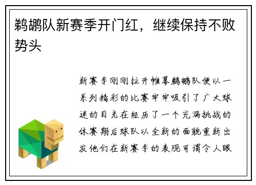 鹈鹕队新赛季开门红，继续保持不败势头