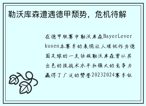 勒沃库森遭遇德甲颓势，危机待解